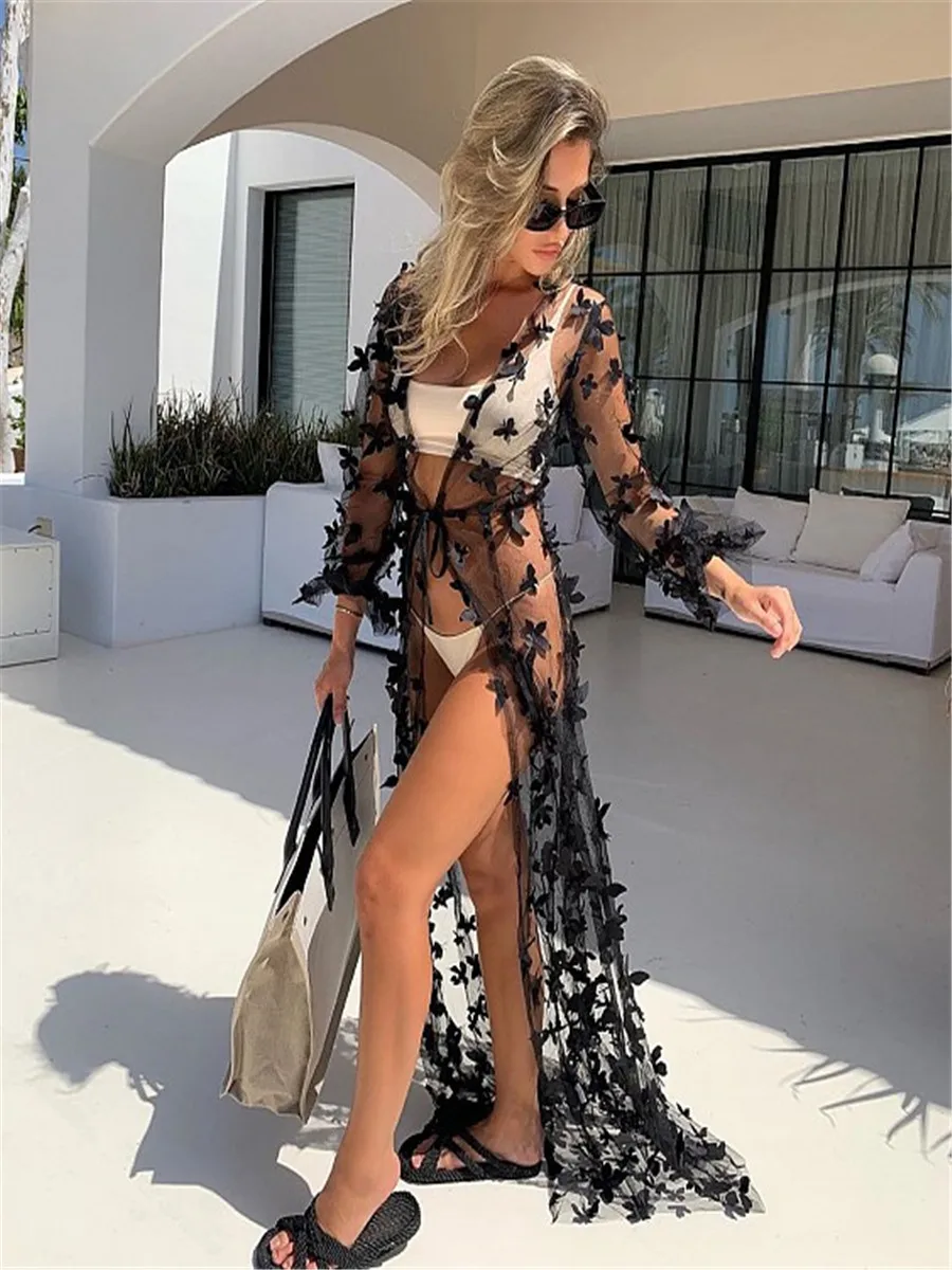 Beach Dress Cover-Ups Summer Sexy Beach Outing Swimwear Cover Perspective Long Cardigan Top New 2021 Summer