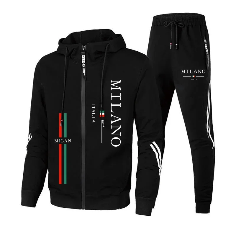 Simple casual zip hood two-piece set. Side stripe graphic print, drawstring hood, soft knit jogger pants all season wear.