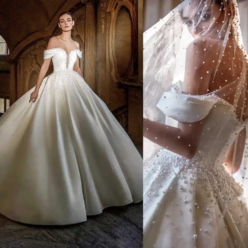 

Stunning Ball Gown Wedding Dresses Off Shoulder Satin Beaded Bride Wedding Dress Plus Size Customized Vestidos De Novia