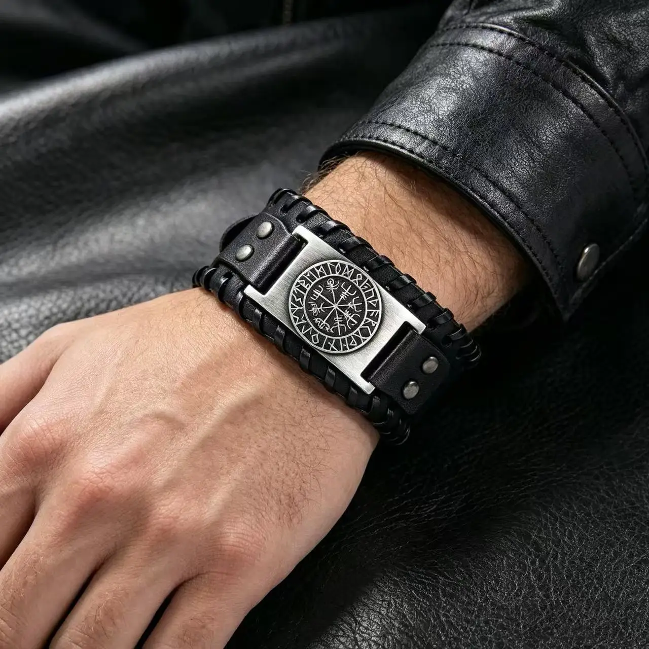 HNSP Viking Rune Leather Bracelet For Men Punk Street Style Jewelry Accessory