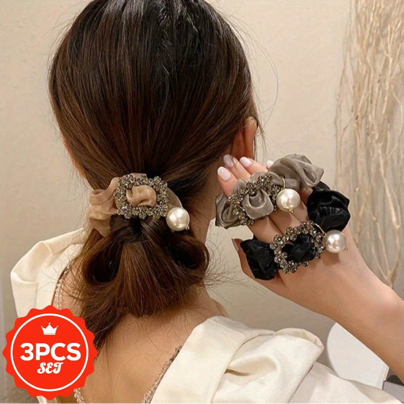 

3Pcs/set Rhinestone Hair Tie, Large Intestine Hair Elastic, Fashionable and High-end Temperament, Hair Headband