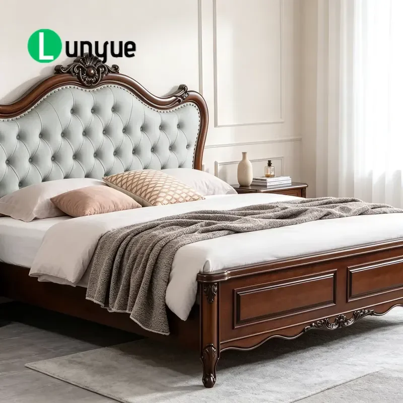 Large Wooden Box Spring Bed Frame Traditional Modern Classic Durable Vertical Lath Tufted Faux Leather Interior Mahogany