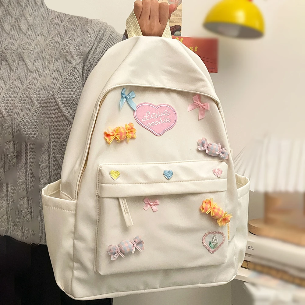 여성 보우 하트 캔디 배낭 대용량 간단한 보우 캔디 배낭 지퍼 클로저 캔디 학교 배낭 십대 소녀