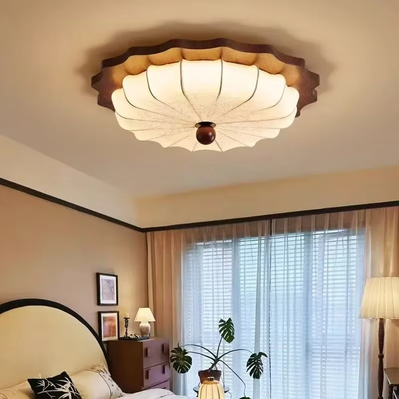 

European vintage style ceiling lamp, retro walnut wood fabric eye friendly lamp, French cream style LED lamp