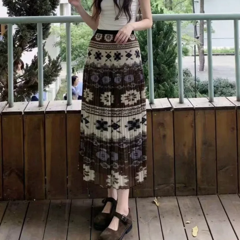 Miyake Pleated Printed Skirt Plisse Women 2026 Summer Niche Fold Jupe Slimming Age-Reducing Versatile Pleats A-Line Skirt