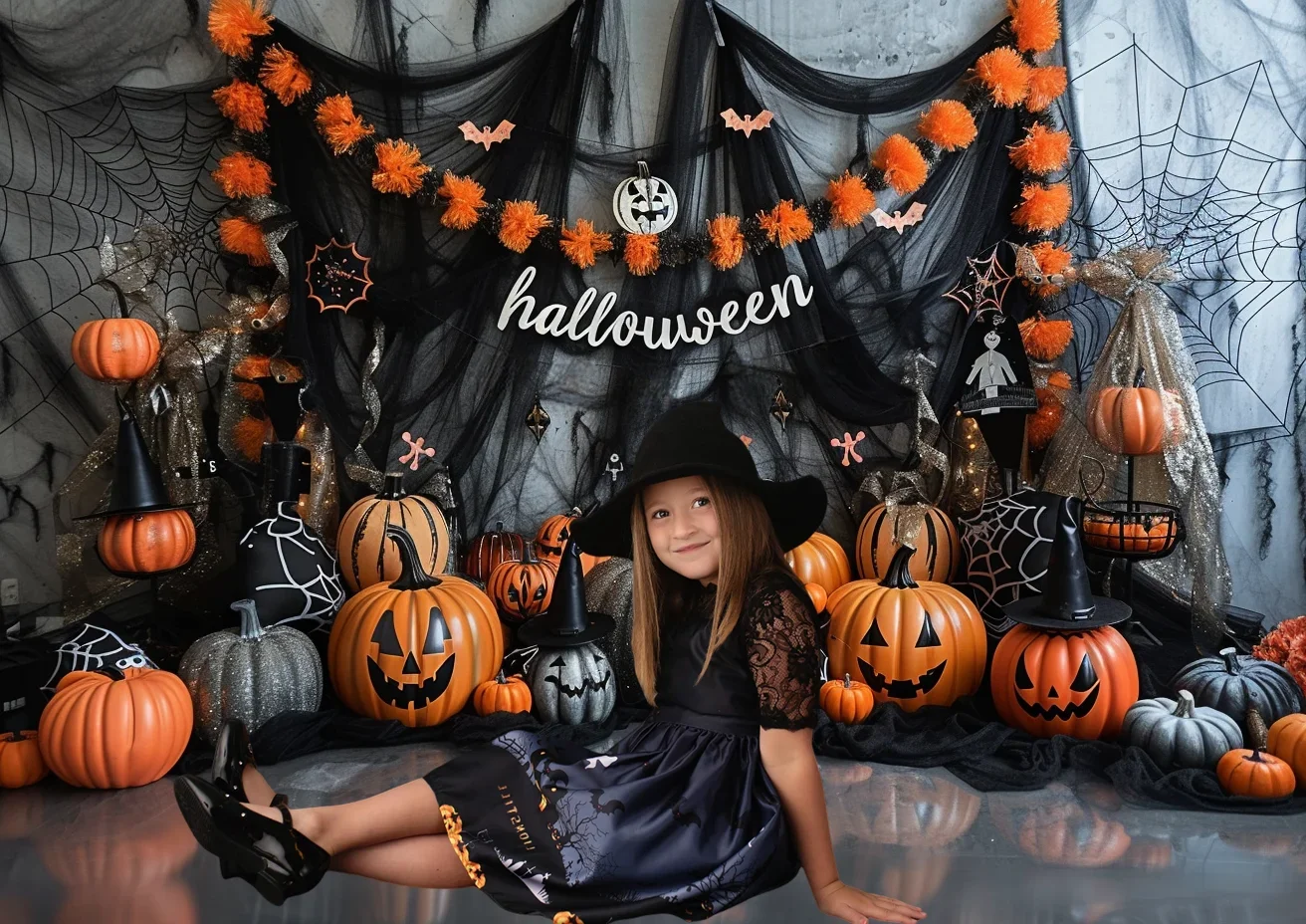 Halloween Themed Backdrop Spider Web Pumpkins Decor Colorful Ribbon Garlands Playful Elements Background Photo Studio Photo-call