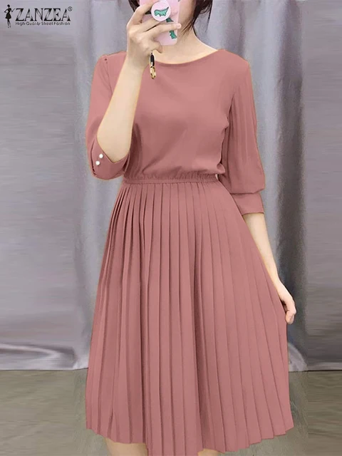 ZANZEA Holiday Pleating Robes Elegant Solid Sundress Women Clothing Knee Length Dress 2025 Summer 3/4 Sleeve Round Neck Vestido