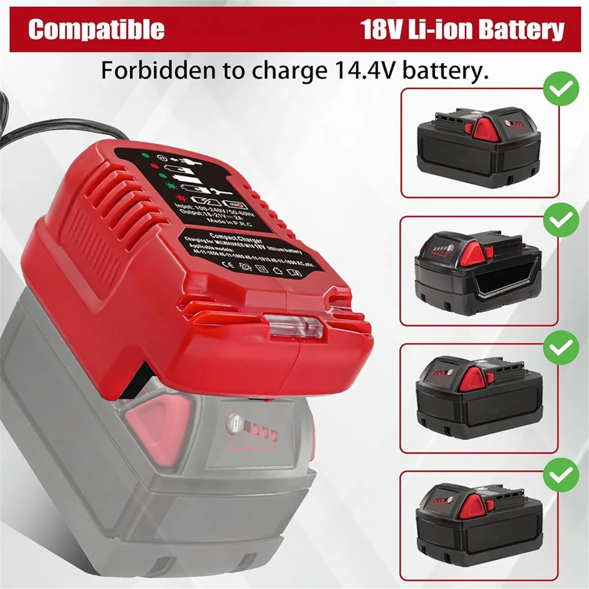 Replace Mini Charger for Milwaukee M18 18V Battery,1/4 Size of For-Original,for 48-11-1850 48-11-1840 48-11-1815 EU Plug