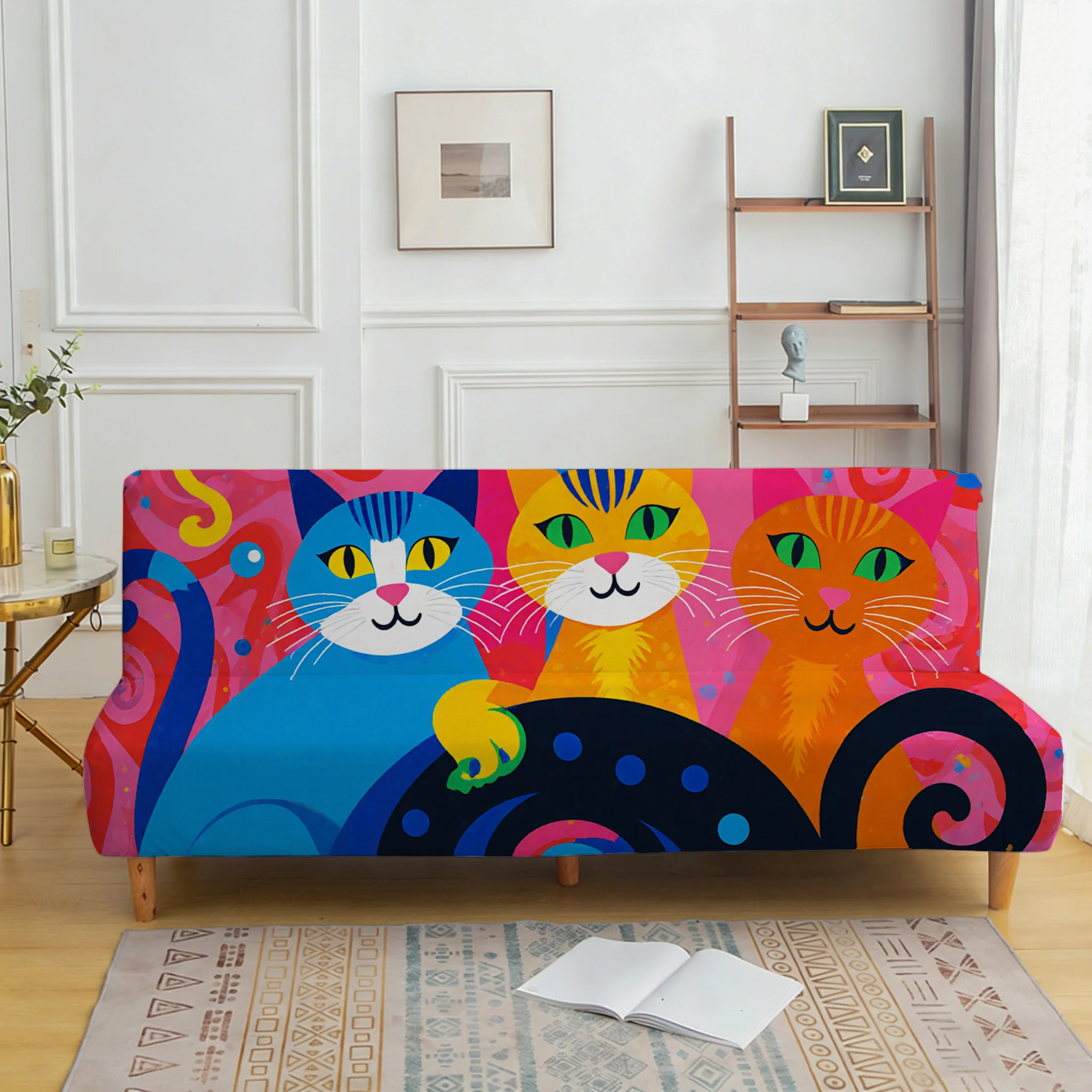Living room bedroom universal elastic sofa bed cover, cartoon color block cat pattern, dustproof machine washable sofa bed cover