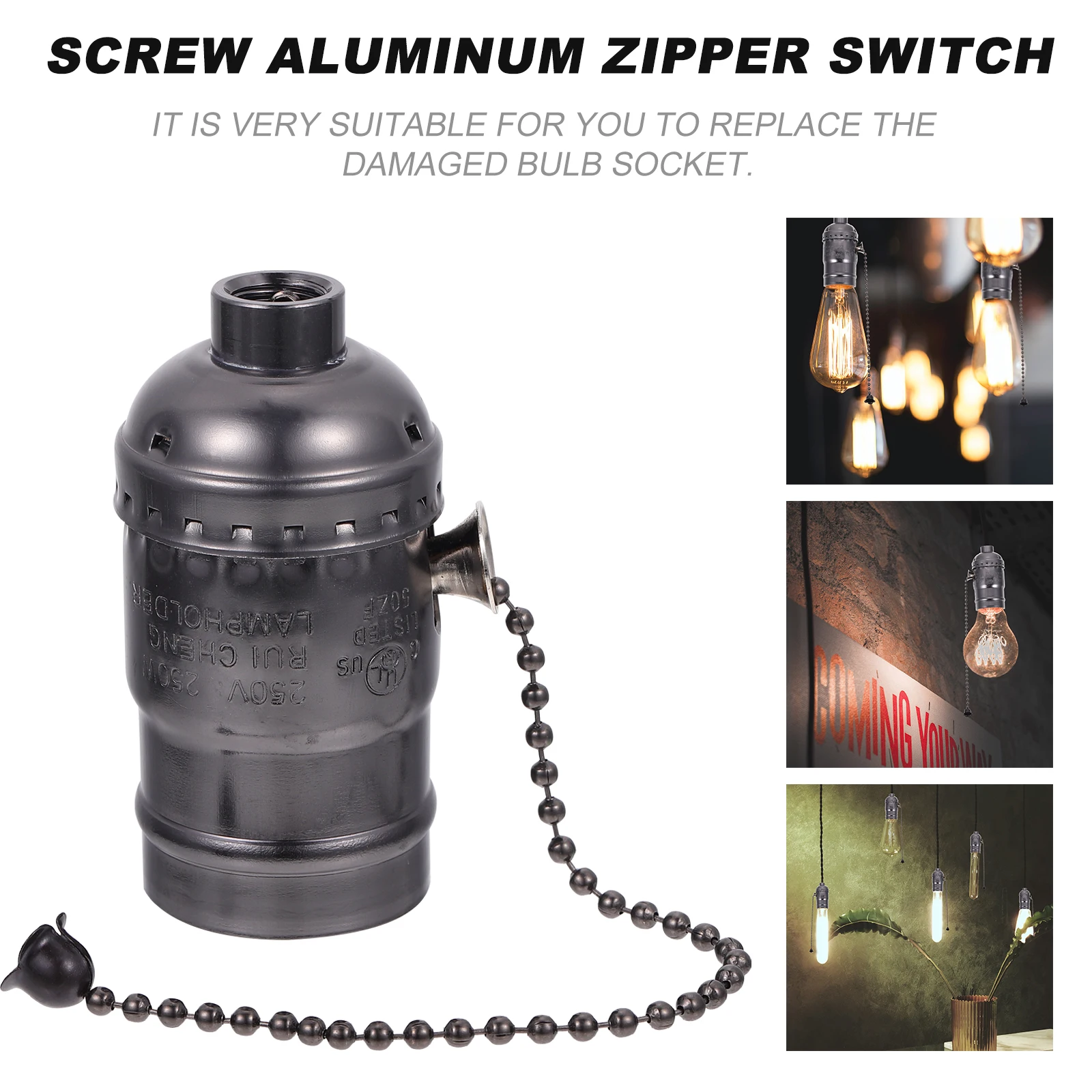 

Retro Lamp Holder Socket with Pull Chain Replacement Bracket Light Aluminum Black