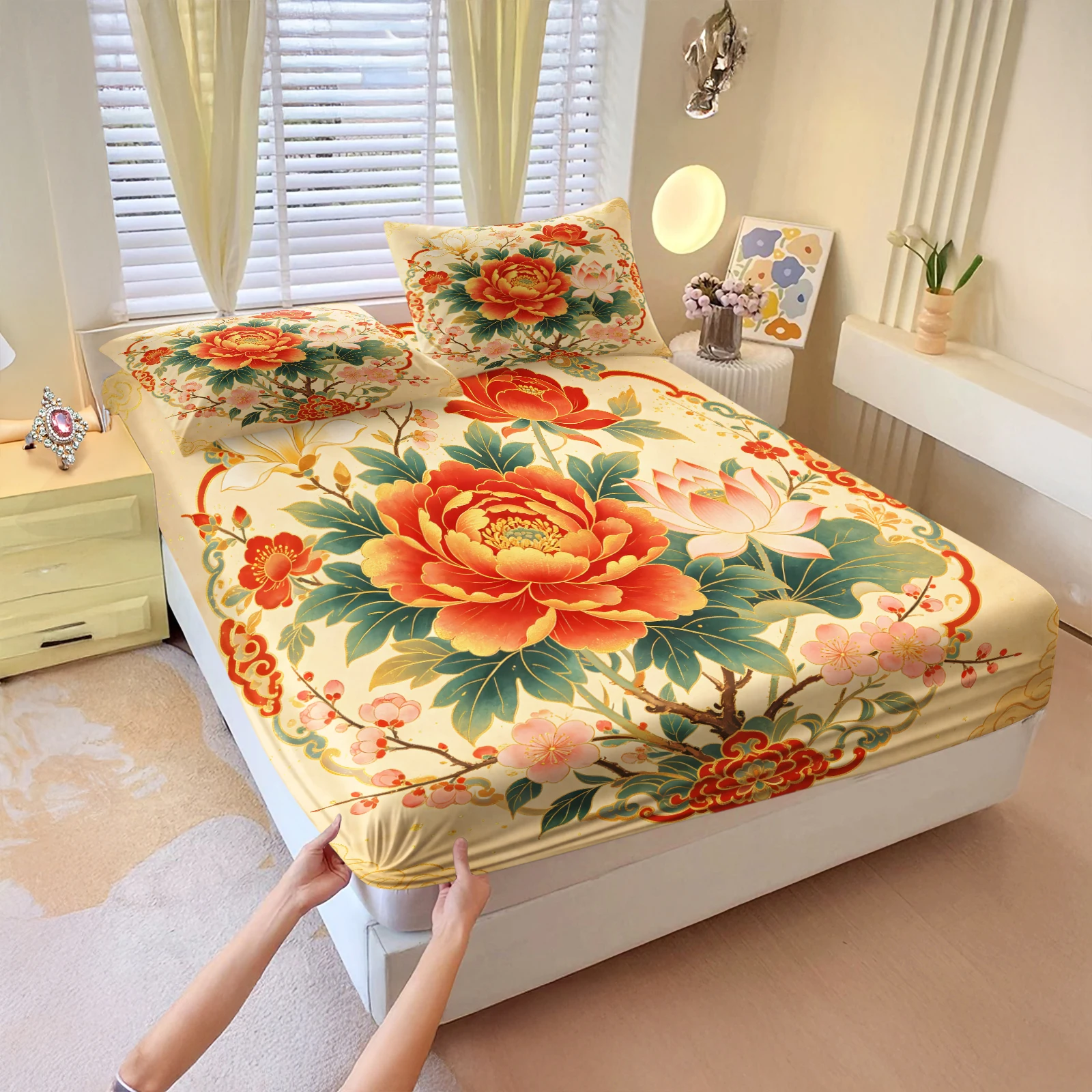 Fitted Sheet Deep - Vintage Şakayık Lotus Baskılı Çarşaf Seti