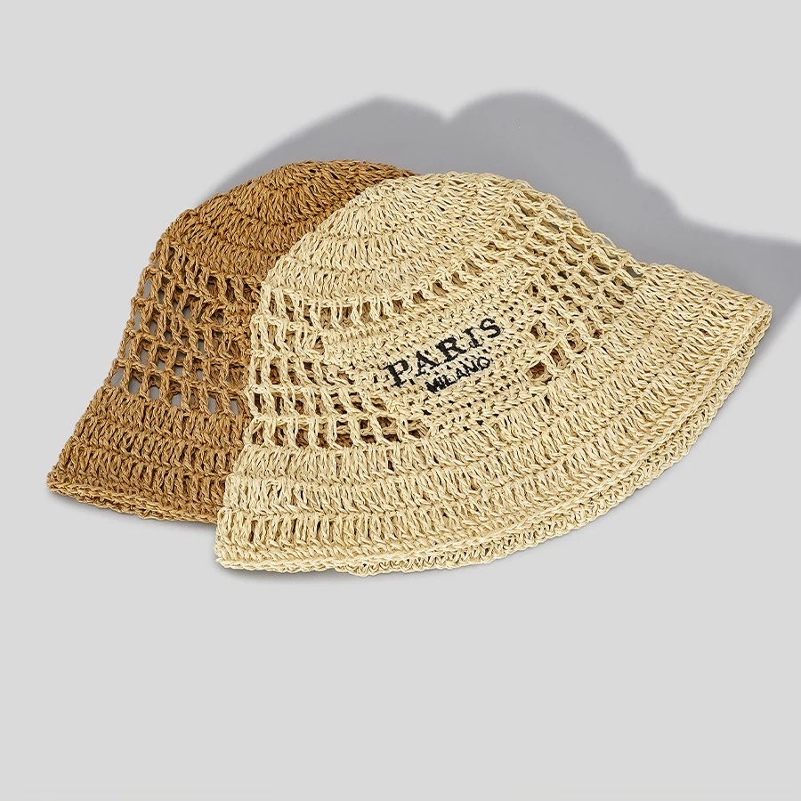 Hollow Out Straw Handmade Weave Beanies Bucket Hat For Woman Embroidery Letter Country Style Summer Accessories Beach Sun Visor