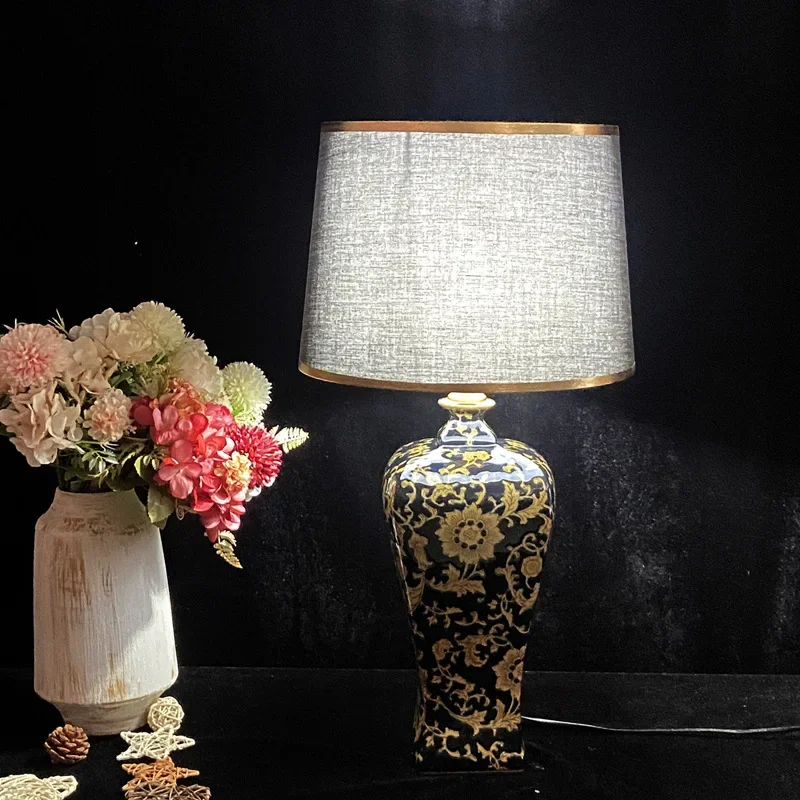 

SANDYHA элегантный китайский ретро керамический торшер золотой узор светодиодный светильник для гостиной спальни стильный домашний декор освещение