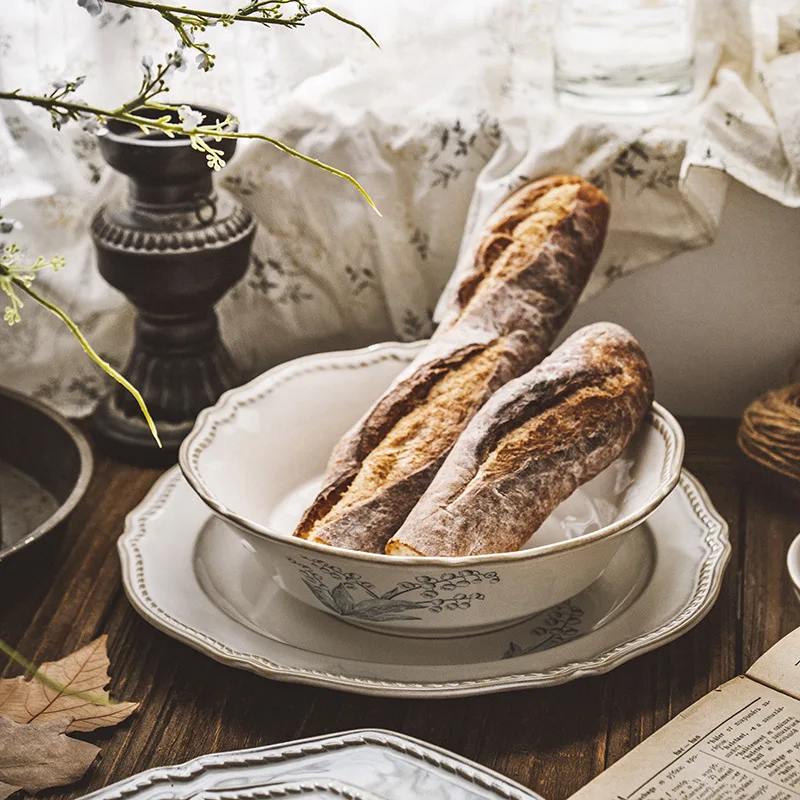 

Retro White Dinner Plates and Mug, Nordic Ceramic Western Plate, Creative Round Breakfast Bowls, Household White Tableware