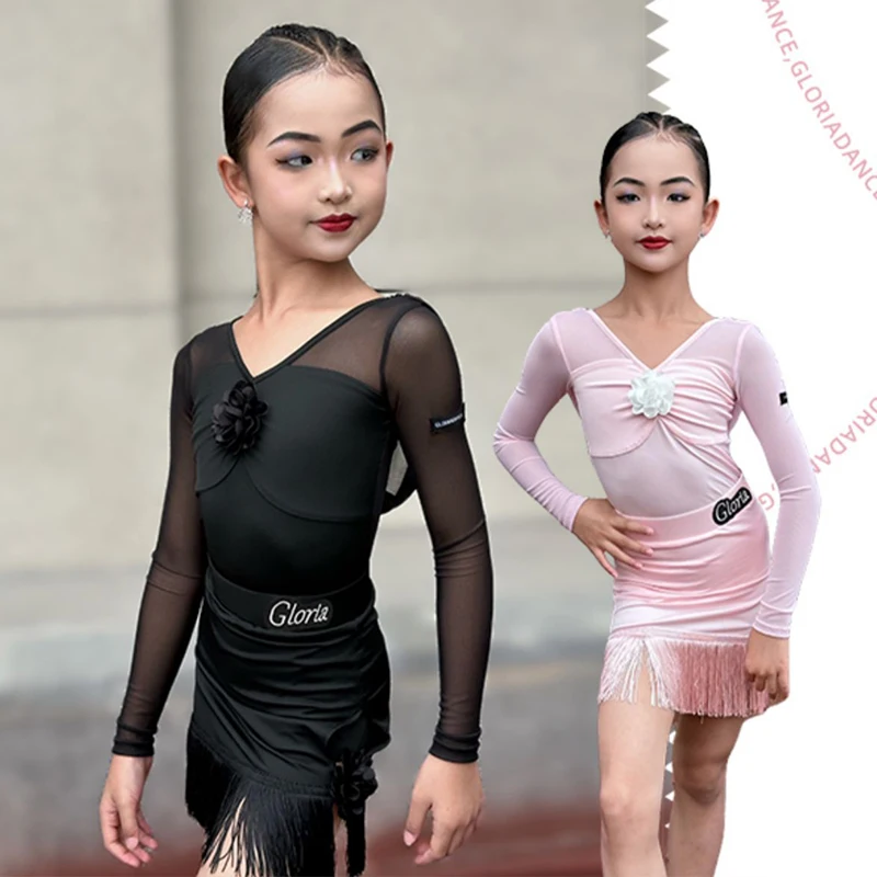 

New Latin Dance Costume For Girls Children V-Neck Long Sleeved Tassel Half Skirt Set Tango Samba Dance Performance Outfit XH1138