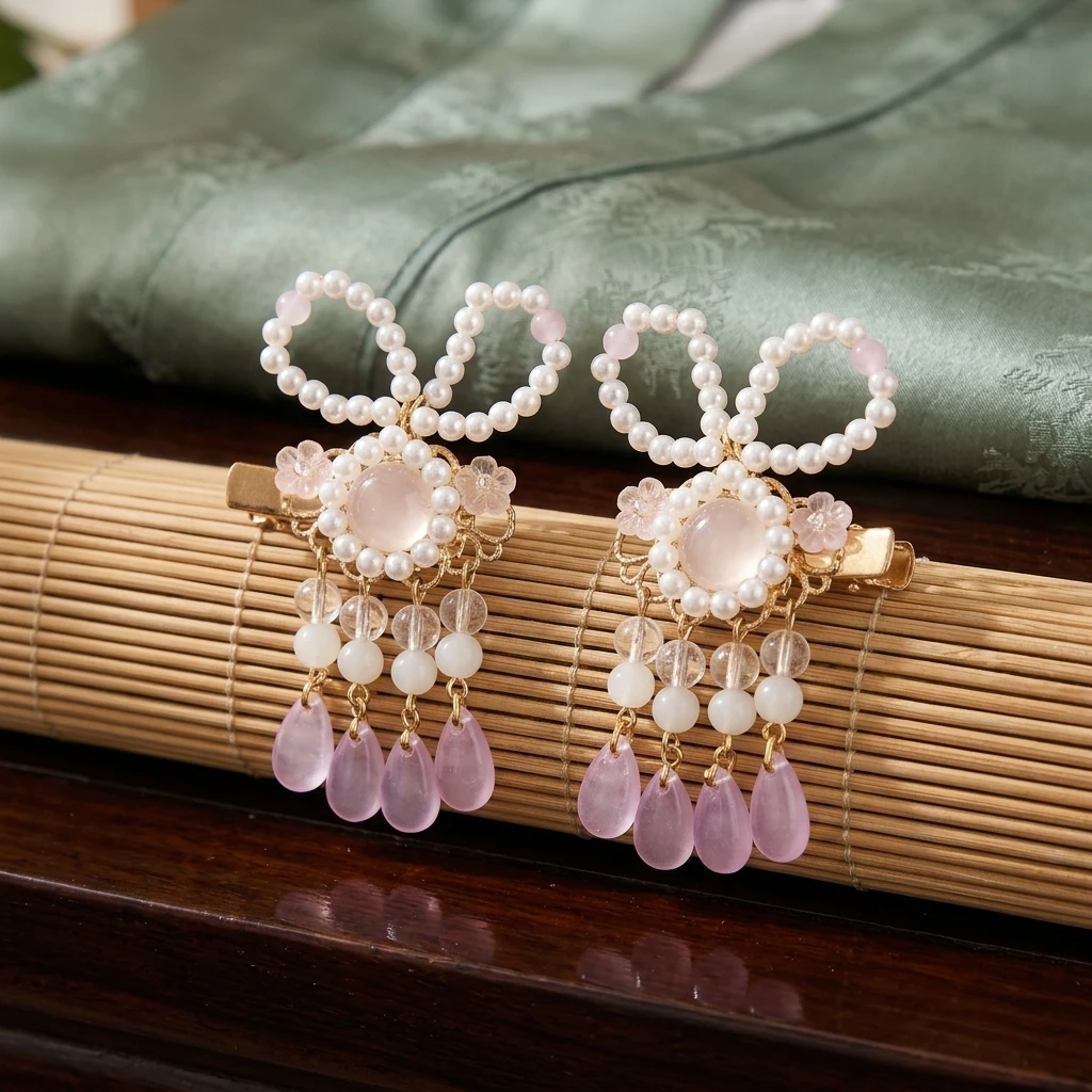 

Pink Rabbits Tassel Hair Clip for Children Traditional Chinese Style Hairpin for Hanfu Costume, Party, Festival and Daily Wear