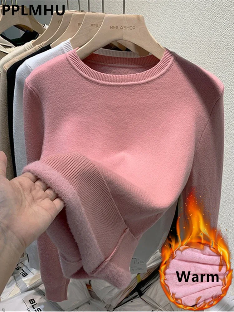 Różowy zimowy sweter damski Gruby ciepły sweter z dzianiny Miękki pluszowy polar z podszewką Sueter O-neck Malhas Tops New Slim Knitwear Jersey