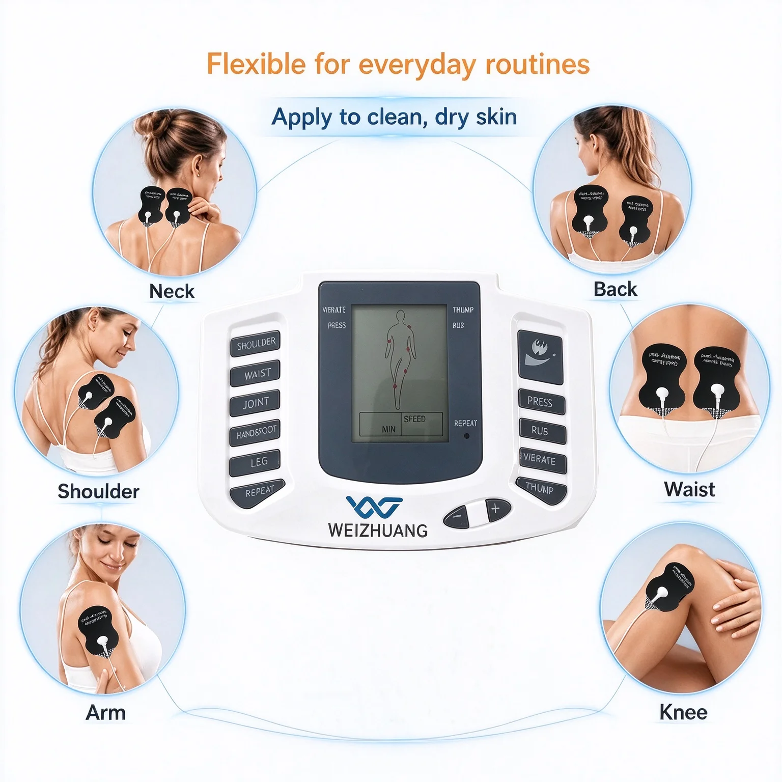 1 Main Unit + 2 Connecting Cables + 8 Pads + 1 USB Cable) Dual-Port Ems Massager, Acupuncture Equipment, with Electronic Pulse Microcurrent Relaxation Function, Home Fitness Equipment and Stickers, Suitable for Home and Travel Use, White, Travel Massage Tool, Streamlined Design, Durable Silicone Material