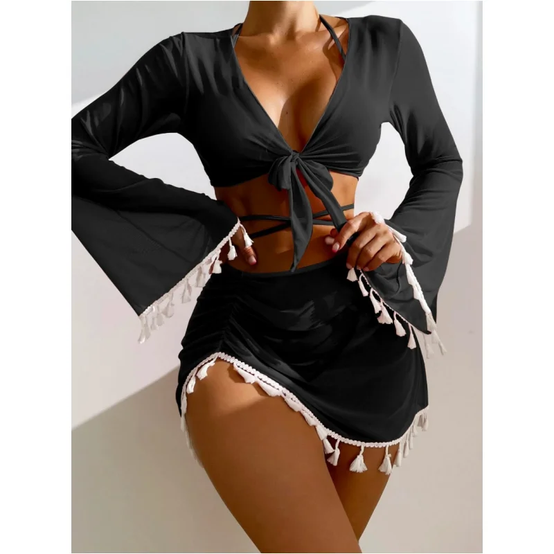 Women's 4 Piece Swimsuits Fringe Top Long Sleeve Coverup Sexy Bikini Sets Beach Sarong Mini Skirt Bathing Suit