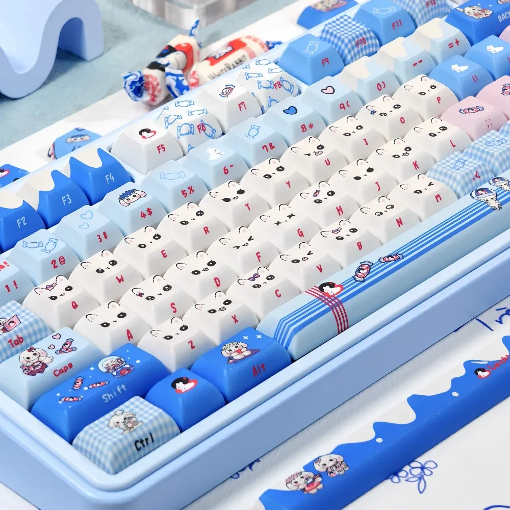 White Rabbit Toffee Keycap Kca Pbt 140 Key Cute White Bunny Keycap White Blue Retro 2.25/2.75 Spacebar Alice Layout Keycaps