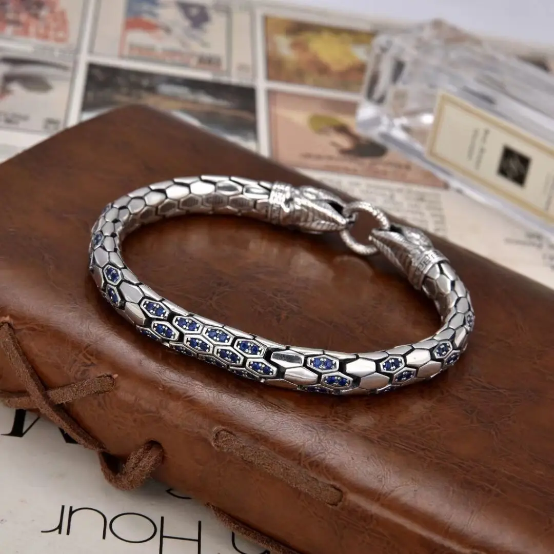 Diamond studded sterling silver trendy double headed snake bracelet, European and American punk men's and women's bracelet, snak