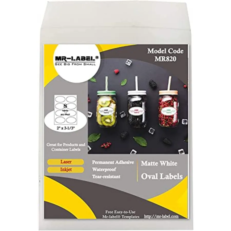 

Овальные белые этикетки из синтетической бумаги 2 x 3-1/3 дюйма - водонепроницаемые и устойчивые к разрывам - для струйных и лазерных принтеров - для подарков