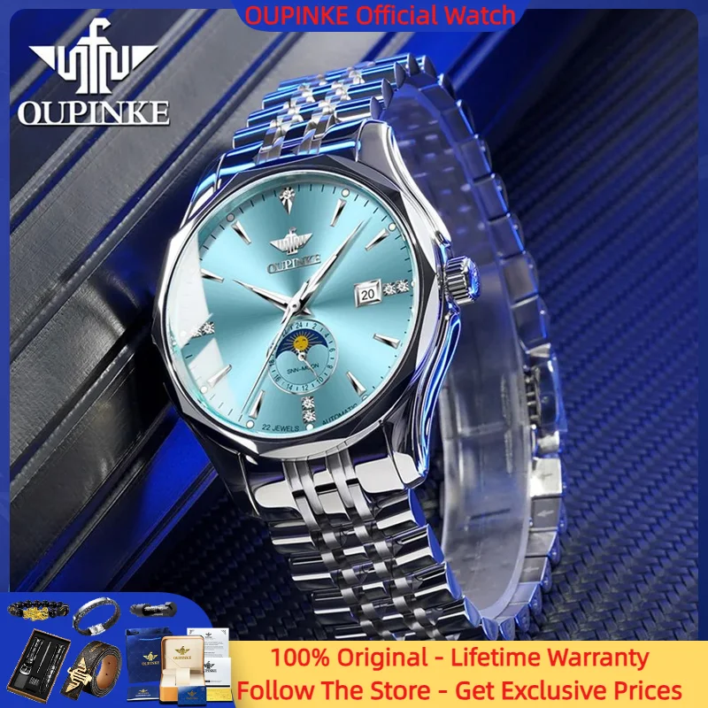 

OUPINKE Watch 3275 Men Fully Automatic Mechanical Watch Top Brand Movement Roman Scale Waterproof Calendar Moon Phase Men Watch