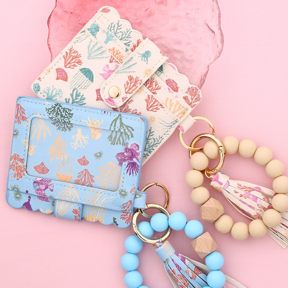 محفظة صغيرة للسيدات مع جلد مطبوع عليه فطر قنديل البحر المحيطي، يمكن استخدامها مع سلسلة مفاتيح من خرز السيليكون وحقيبة بطاقات جلدية #5