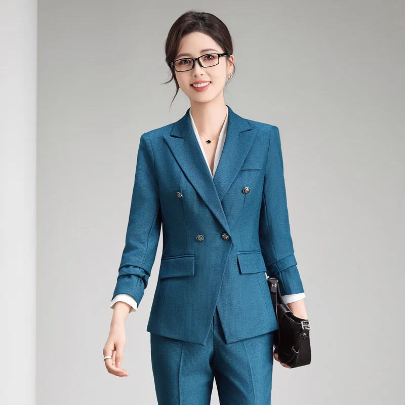 ZJYT Autumn Elegant Blazer Suit Trousres Two Piece Clothing Sets Women Office Work Wear Outfit Blue Long Sleeve Jacket Pants