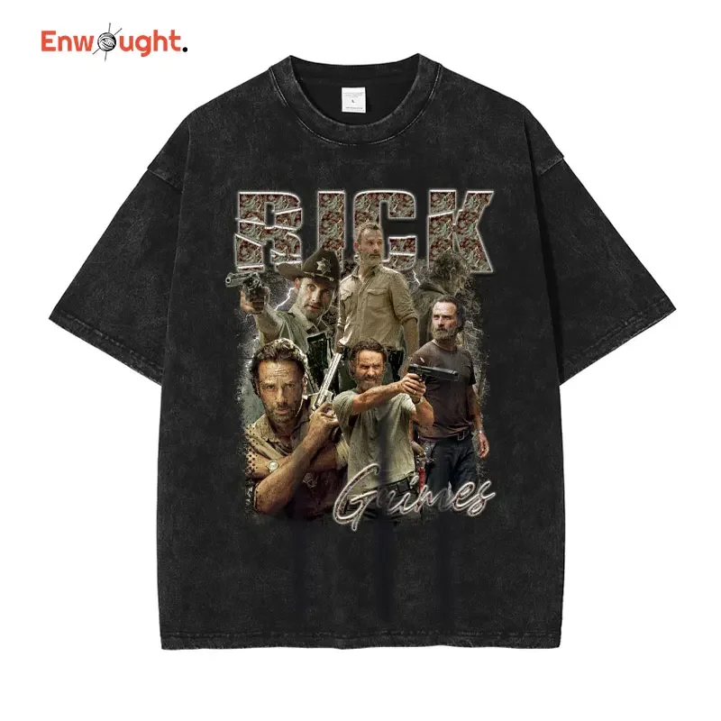 Rick Grimes T Shirt Vintage Washed Old School The Walking Dead Tops Tees Oversized T-shirt Short Sleeve Sweatshirts Man Cotton