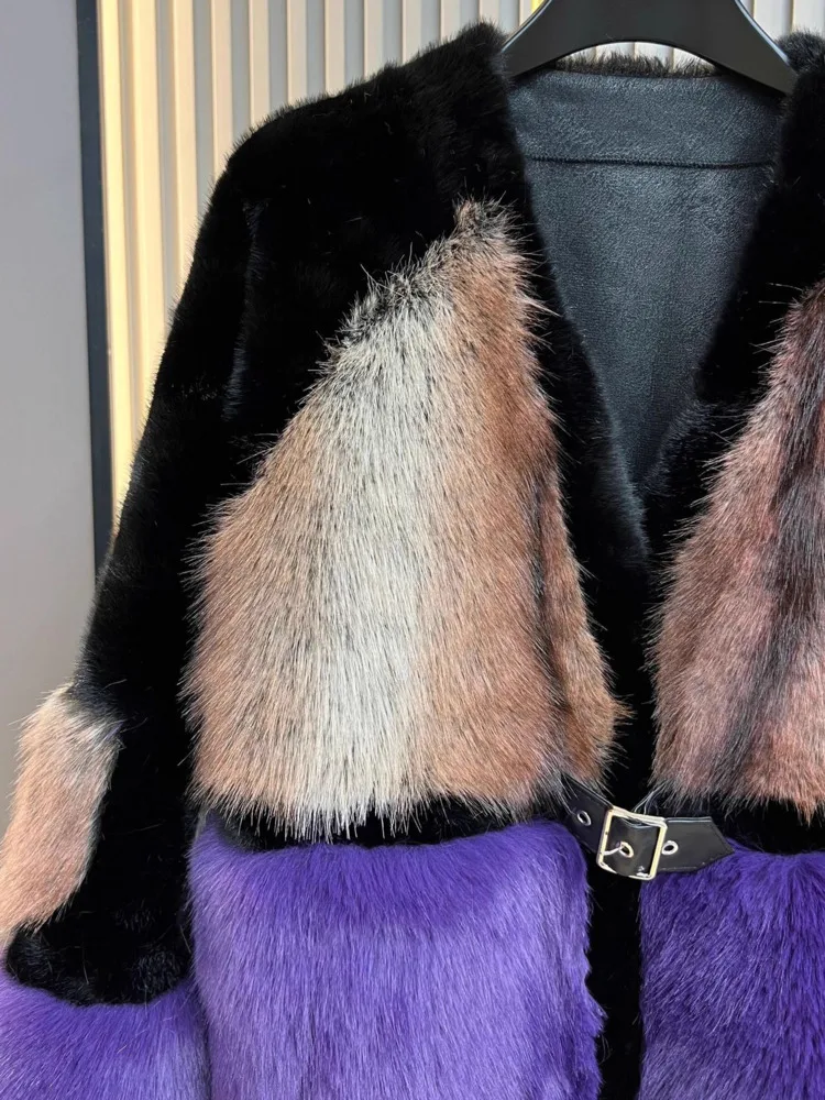 ZMEENNA معطف نسائي من الفرو الصناعي كتلة ألوان تصميم لوحة أفقية بدون ياقة على شكل حرف V مشبك ملابس خارجية شتوية دافئة ZM4480 #5