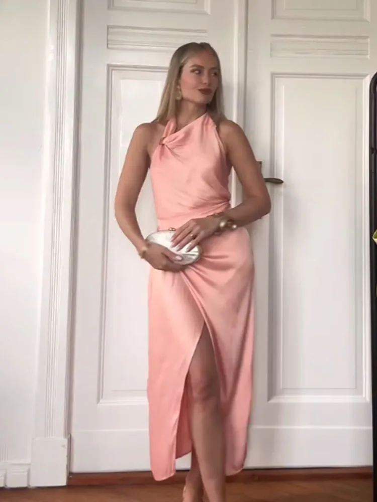 

HH Женская мода с золотой инкрустацией, украшение из атласной текстуры, топ с открытой спиной и воротником-стойкой + миди, костюм с юбкой на молнии сзади и разрезом