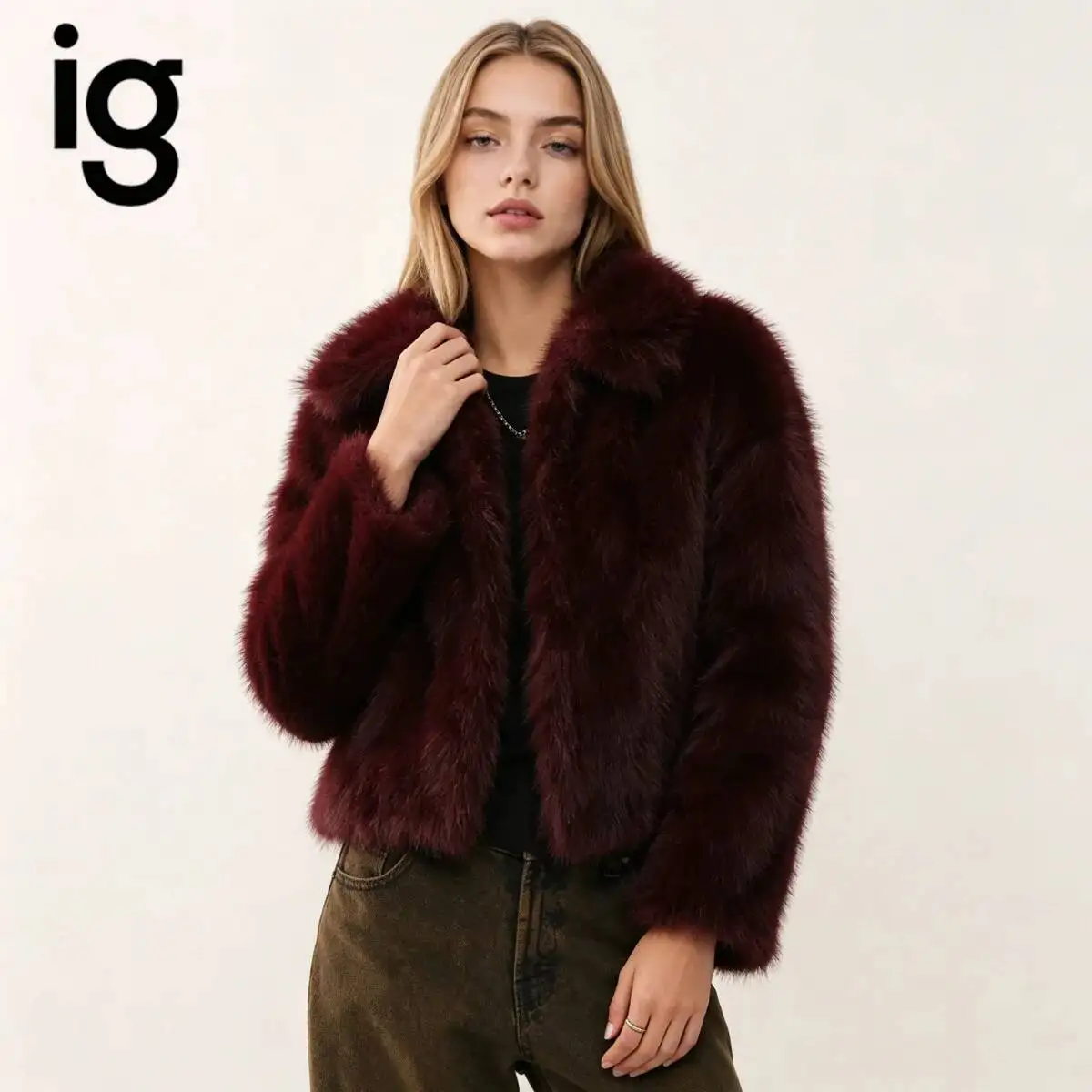 IG Women Burgundy Shaggy Faux Fur Cropped Coat Lapel Collar Single Button Loose Long Sleeve Fluffy Warm Winter Luxury Party