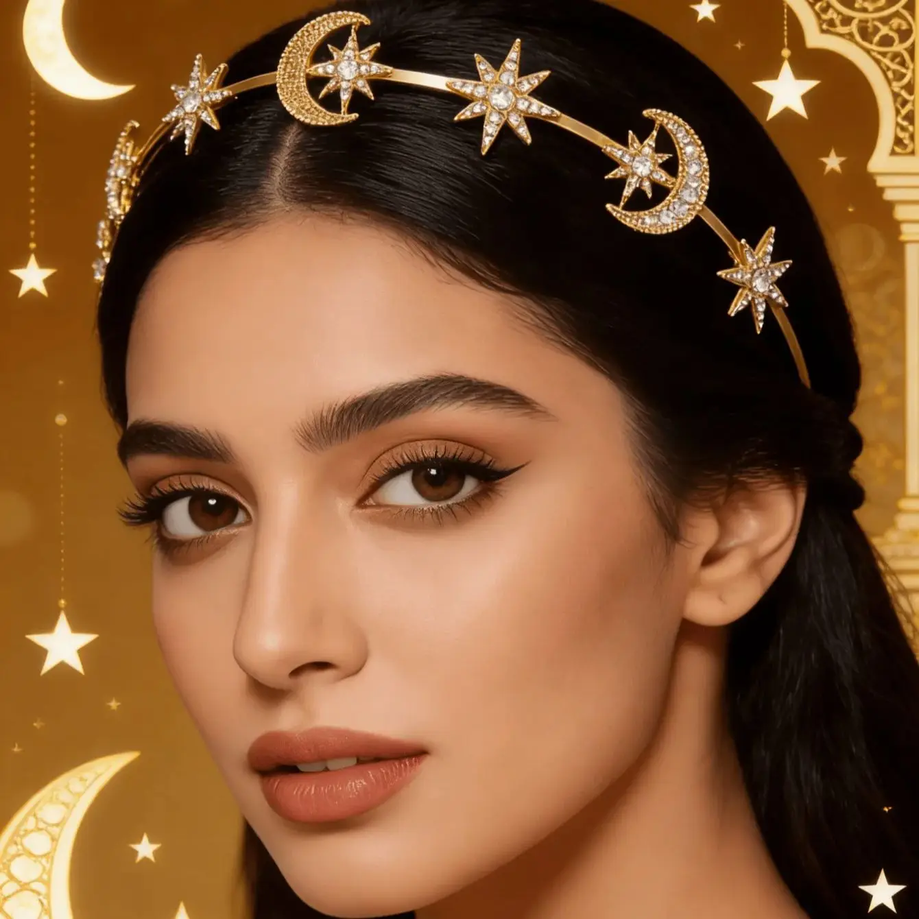 1PC Ramadan Fashion Sun Goddess Double-layer Headband, Hexagram Star & Moon Alloy Crystal Hair Hoop, Baroque Hair Accessory