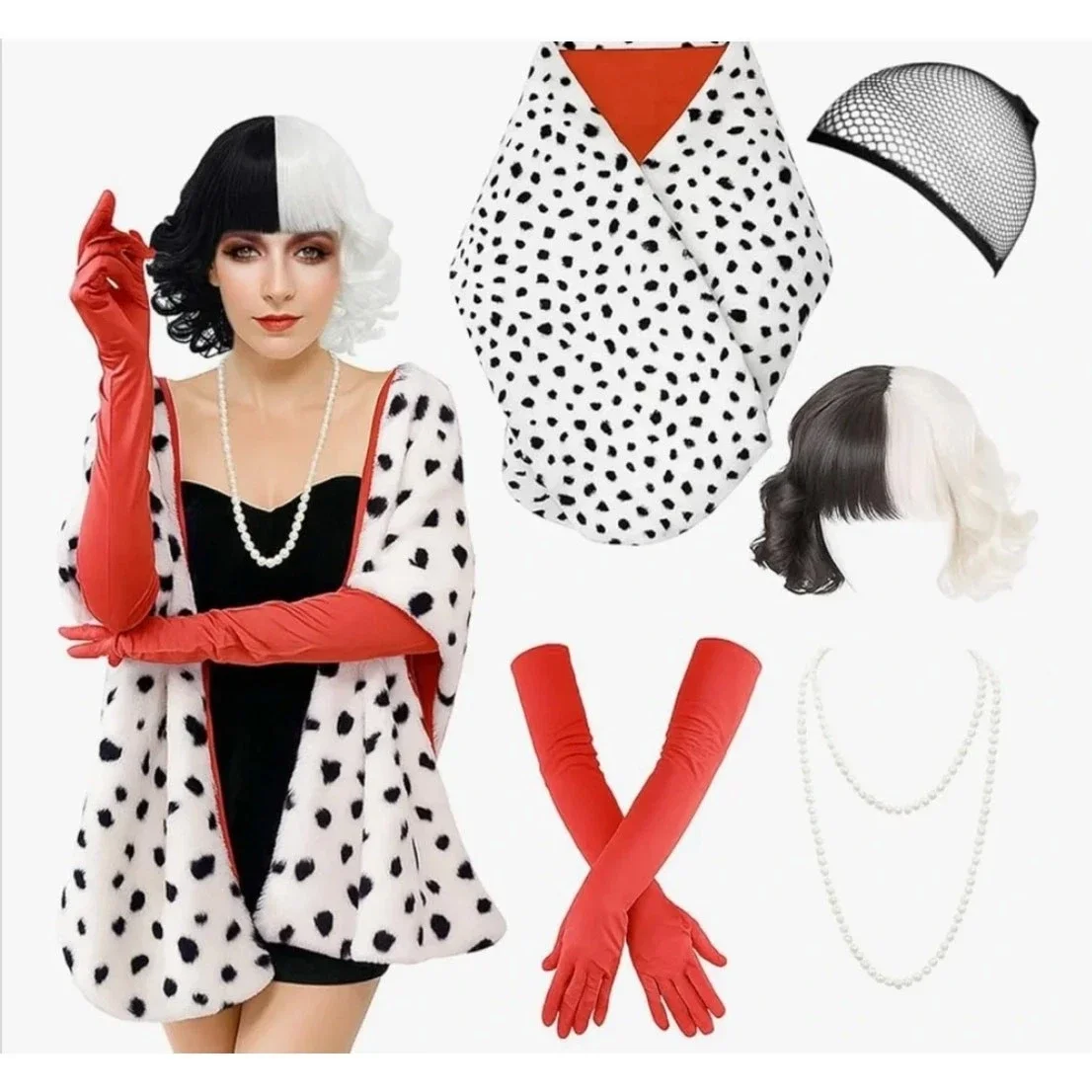 Set de 5 Accesorios de Disfraz de Dálmata para Halloween: Capa Roja, Guantes Largos, Peluca Blanca y Negra, Collar, para Disfraces de los Años 20 y 50