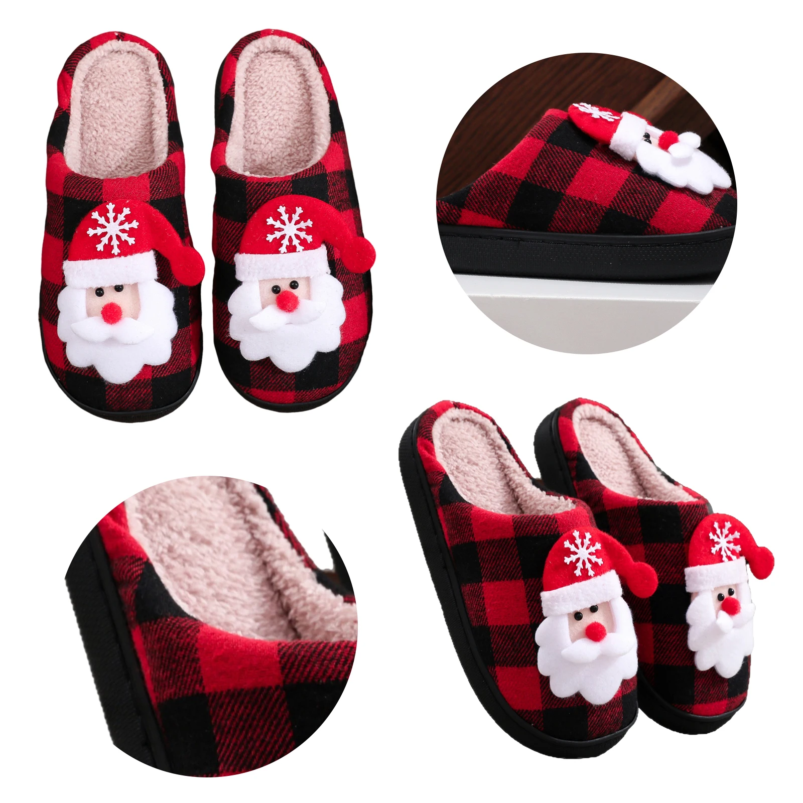 

Christmas Plush Closed Toe Slippers Anti Slip Fuzzy Indoor Slippers Santa Claus Fluffy Slippers for Men Women House