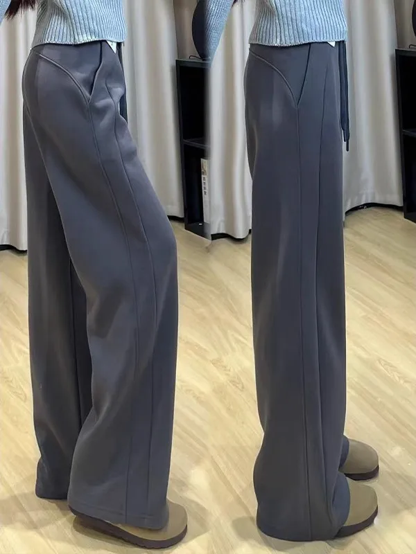 

Женские повседневные брюки с высокой талией на флисовой подкладке, широкие, прямые, серые, весна 2026, утягивающие, комфортные, свободного кроя