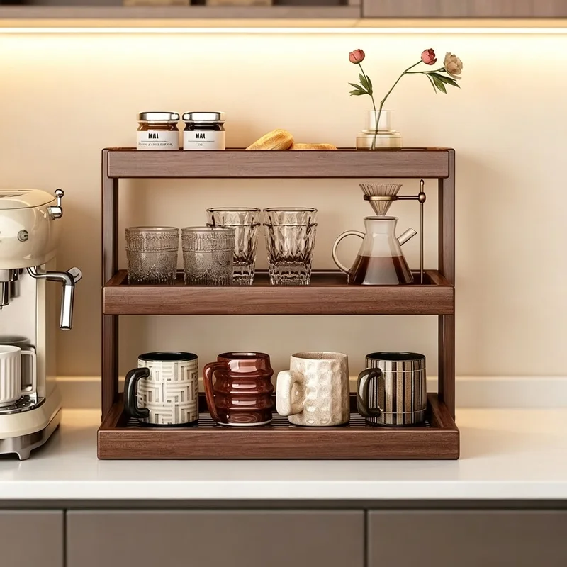 Three-Tier Wooden Coffee Cup Holder Desktop Multipurpose Storage Rack For Kitchen Cosmetics Small Spices