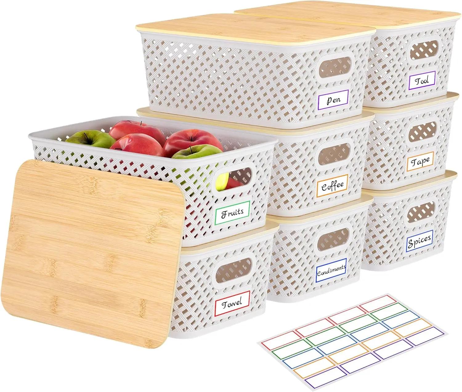 

8-Pack Stackable Storage Bins with Bamboo Lids for Organizing Shelves, Office, Classroom, and Closet in Cream White