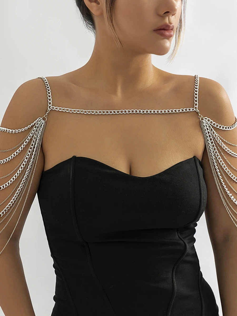 セクシーな多層メタルタッセルショルダーチェーンショール、エスニックスタイルボディチェーン、カジュアルユニセックス合金バックル、夏のファッションアクセサリー