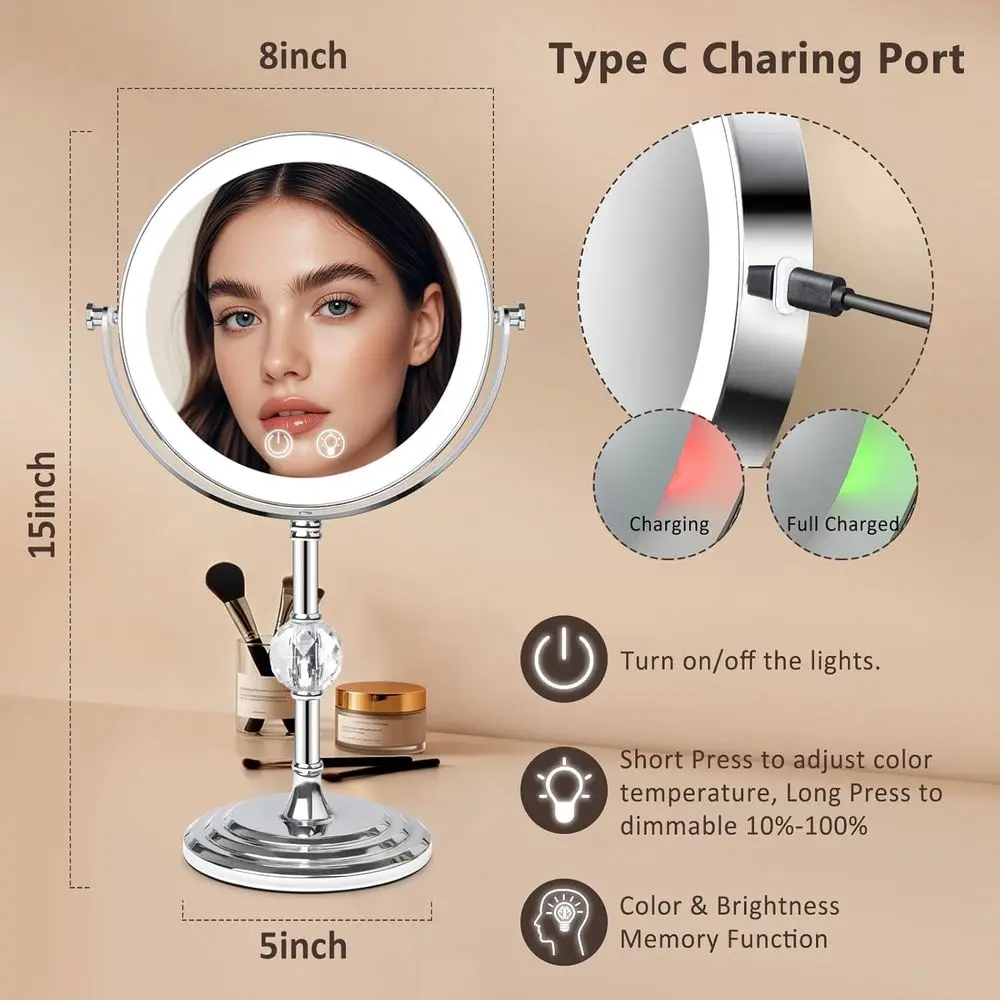 مرآة مكياج مضيئة: 4000 مللي أمبير قابلة لإعادة الشحن، مكبرة مزدوجة الجوانب 1x/10x، تعتيم 3 ألوان، 360 درجة ° مرآة الغرور الدوارة واي #5