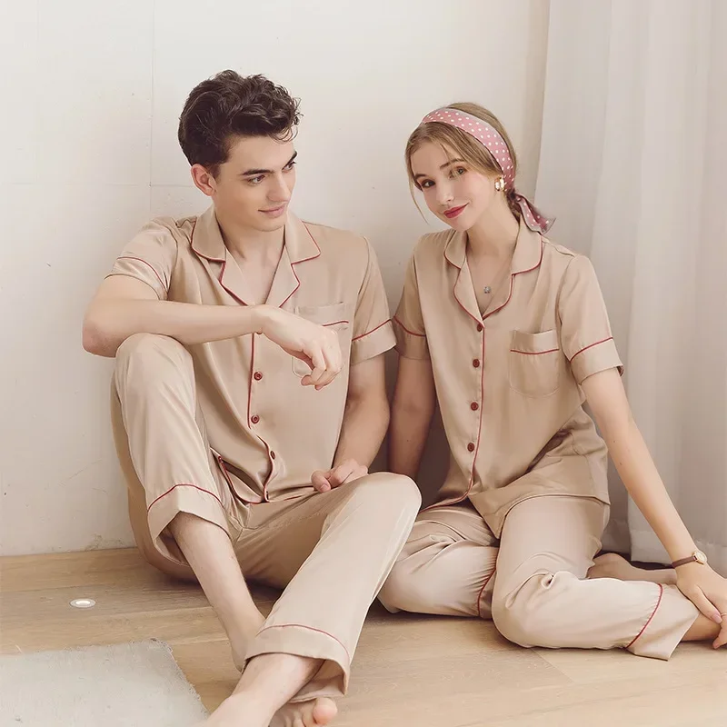 Couple Pajamas Women's Summer Ice Silk Solid Trousers Set Spring and Autumn High-end Large-size Men's Loungewear