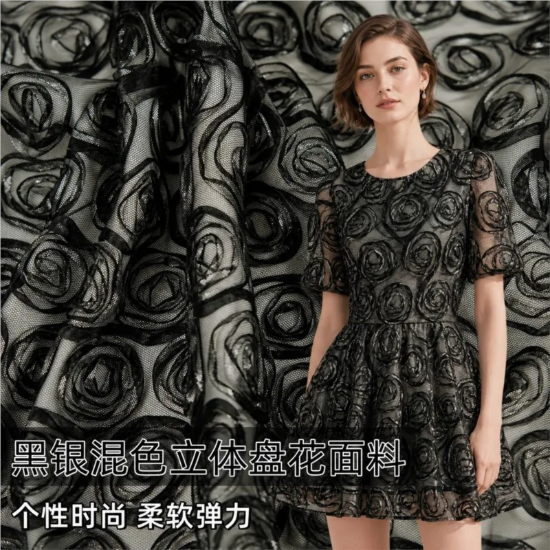 Black and silver mixed color disc pattern elastic mesh fabric Organ-gauze for designer dress clothing evening gowns
