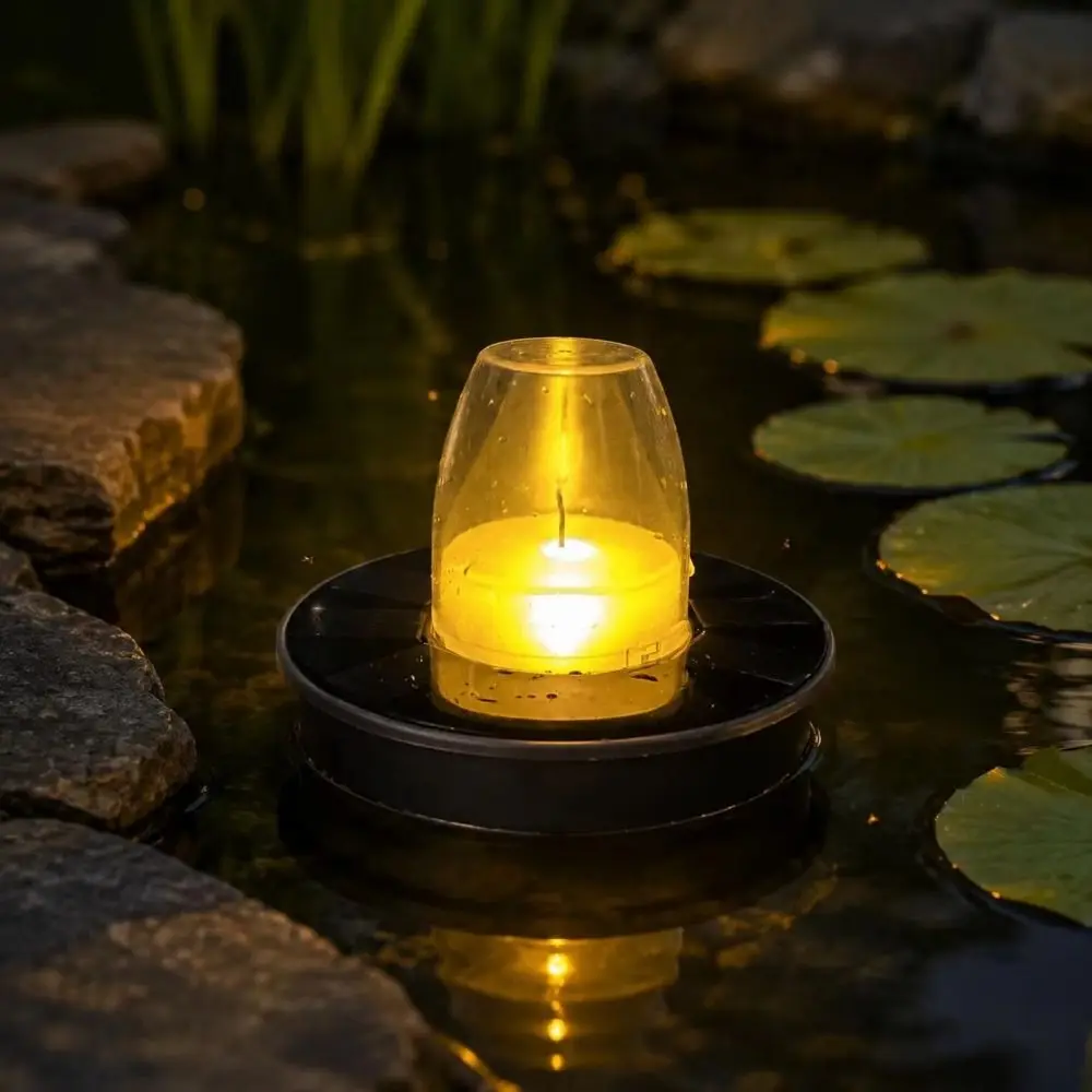 Waterproof Floating Candle Light Buoyant Simulated Flame Solar Floating Candle Lamp Luminous Amber Cover