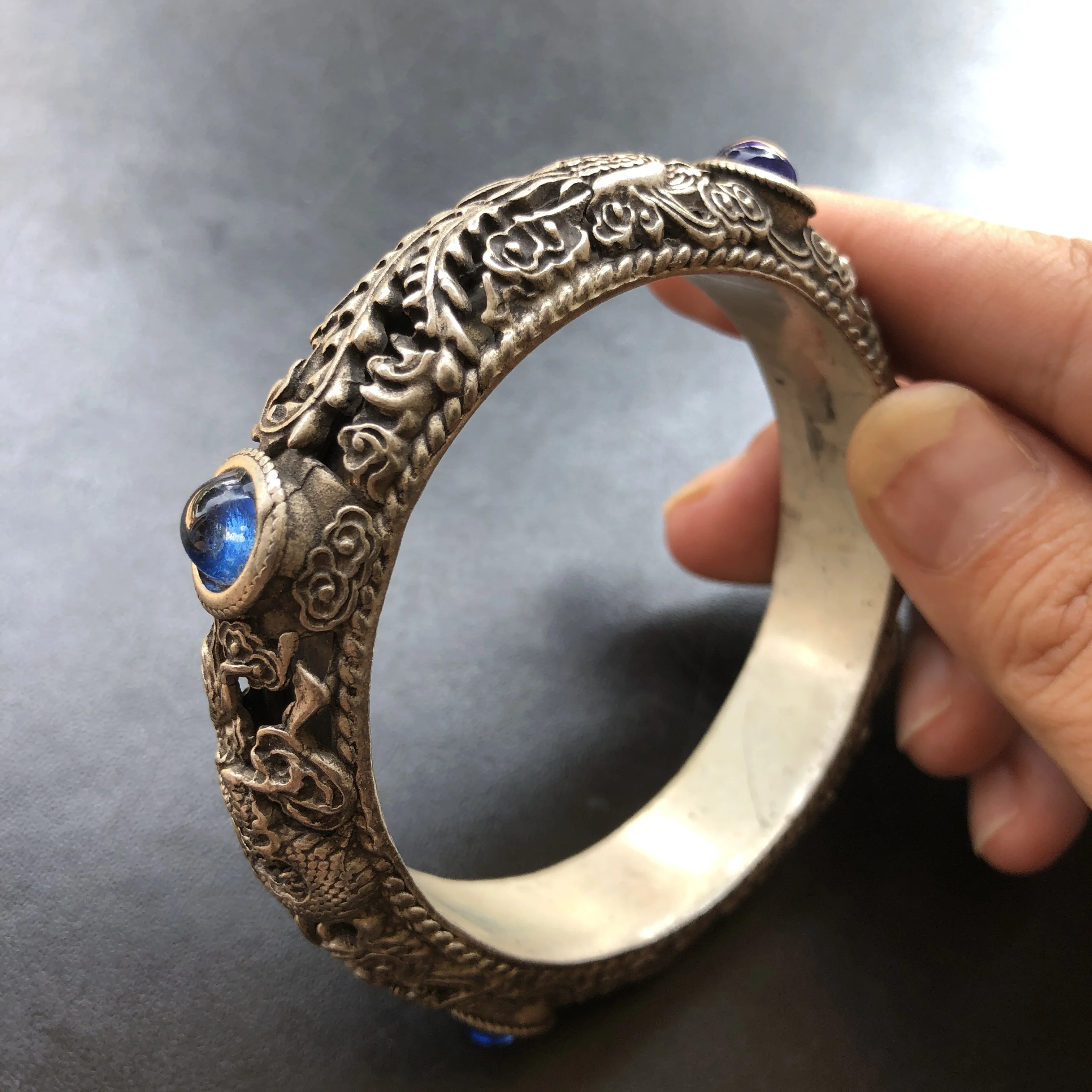 Vintage Tibetan Silver Bangle Open‑work Dragon Phoenix Carved Inlaid Blue Gemstone Retro Chinese Ethnic Hollow Bracelet Women St