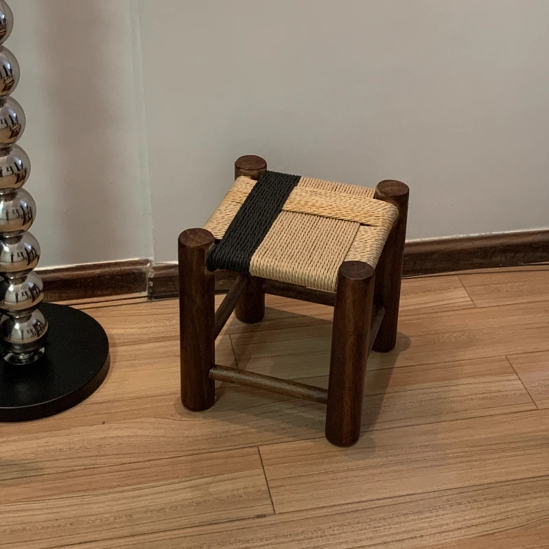 Minimalist Faux Rattan Footstool Rustic Vintage Solid Wood Multi-Purpose Stool for Entryway Balcony