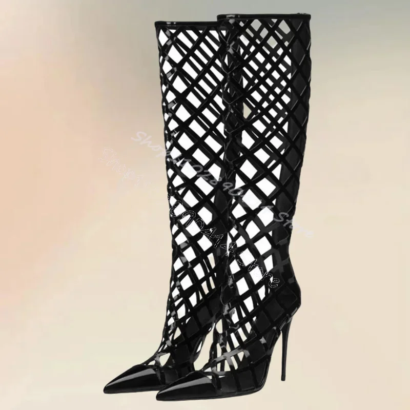 

Black Hollow Design Pointed Toe Sandals Boots Back Zipper Women Shoes Thin High Heels Sexy Party Feast 2024 Zapatos Para Mujere
