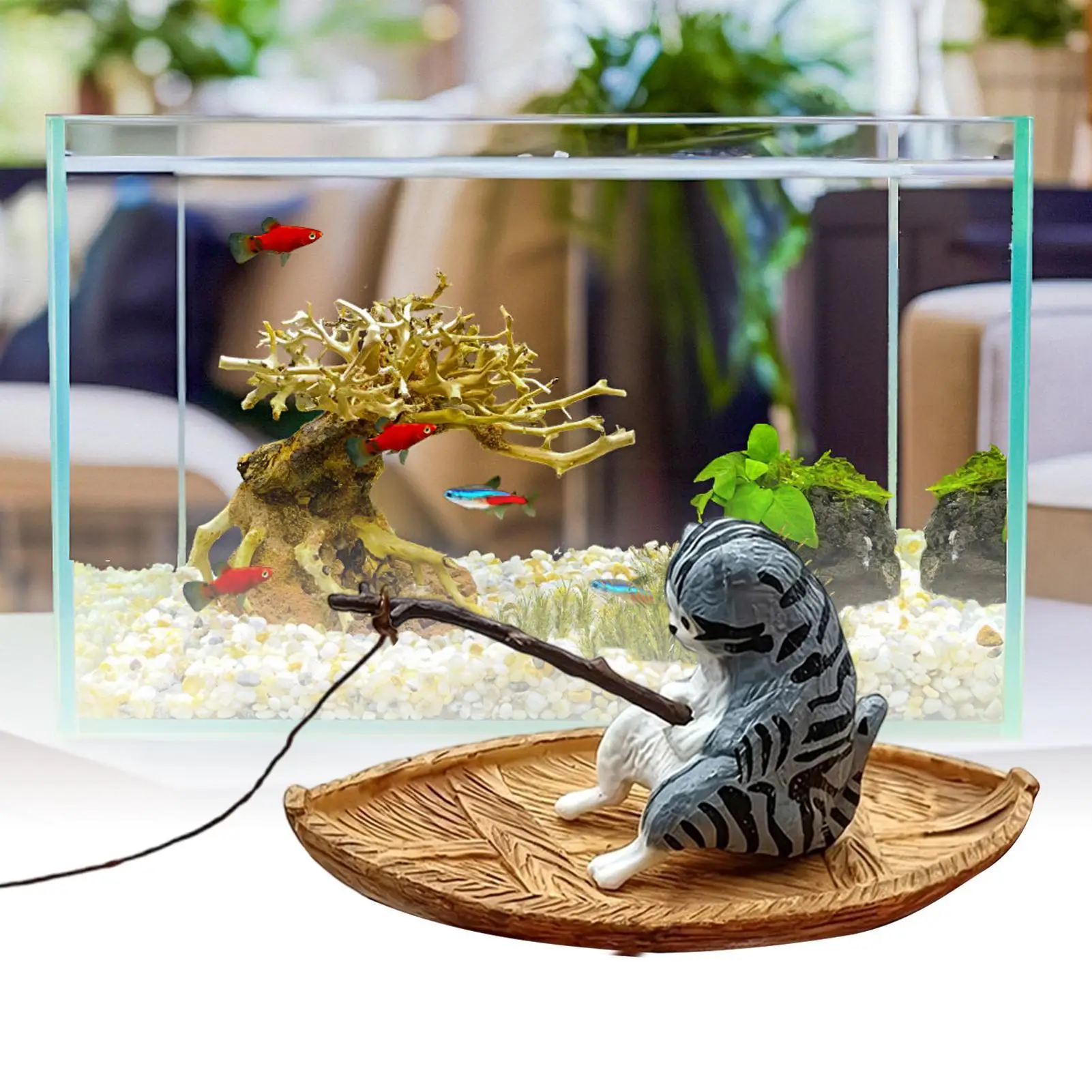 Aquarium-Dekorationen Kreatives Katzen-Angelboot Aquarium-Ornament Harz-Kätzchen Angler Fischbecken-Deko Garten-Teich-Landschaftsgestaltung – Detail 3