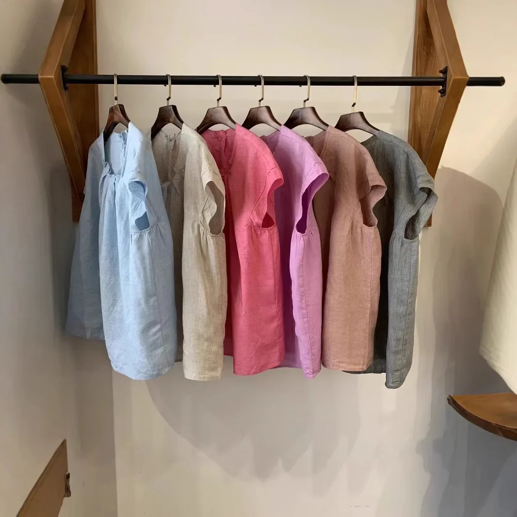 

and linen high-end temperament fashionable gray pleated flying sleeve shirt women's summer thin comfortable and thin casual top