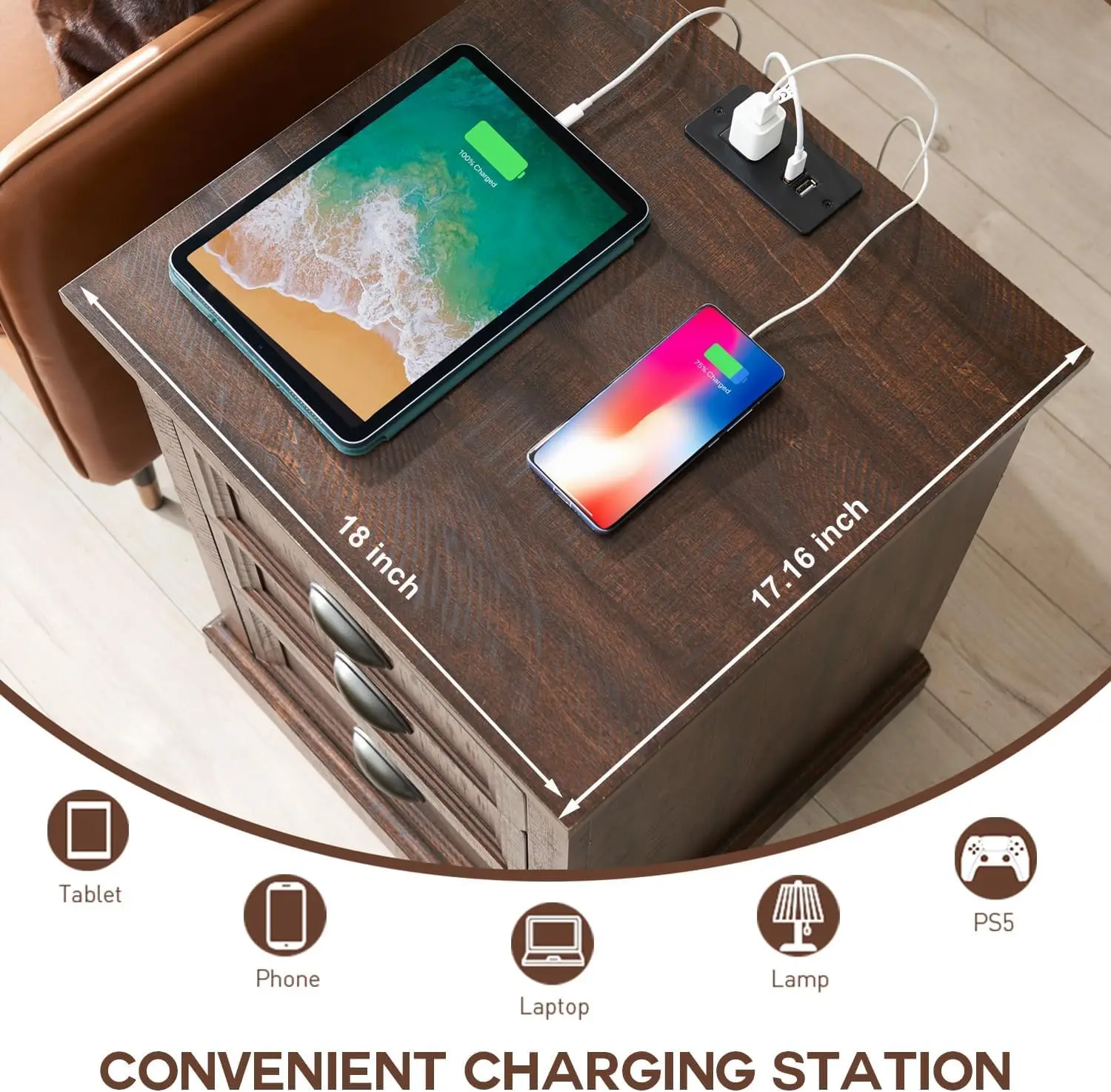 21"" Tall Nightstand With 3 Drawers, Farmhouse 18"" Wide End Table With Charging Station, Wood Rustic Side Table, Small Dresser